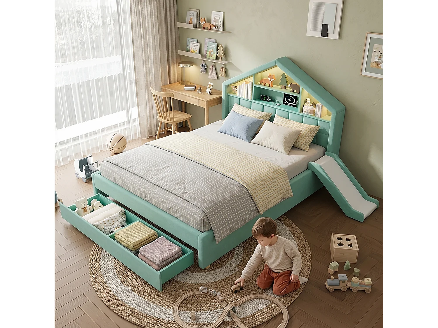 Lit rembourré pour enfants 140x200cm - avec LED et port de chargement - avec toboggan - peut être installé à gauche ou à droite - velours - bleu-vert (sans matelas)