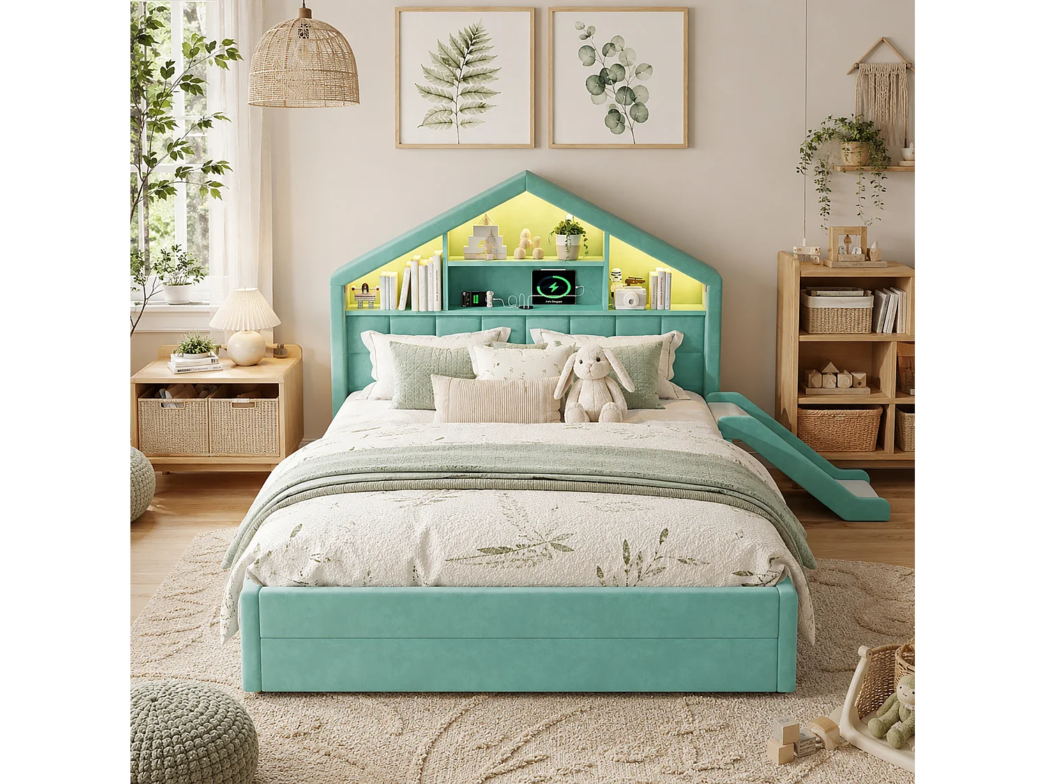 Lit rembourré pour enfants 140x200cm - avec LED et port de chargement - avec toboggan - peut être installé à gauche ou à droite - velours - bleu-vert (sans matelas)