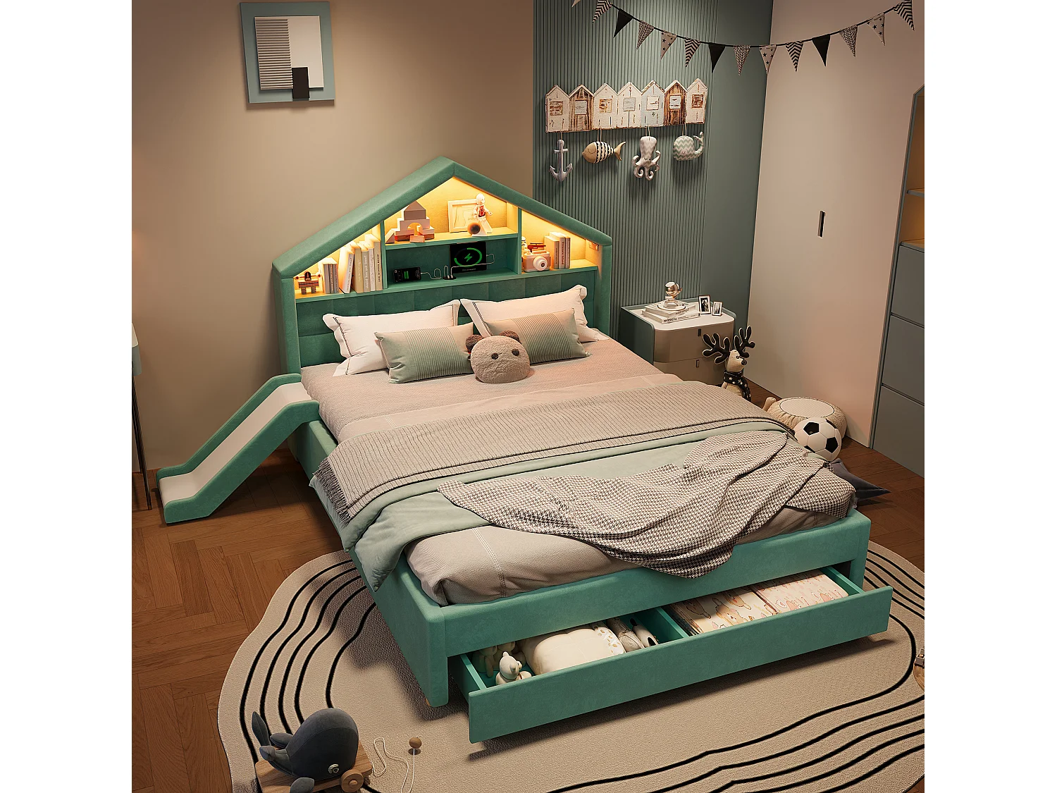 Lit rembourré pour enfants 140x200cm - avec LED et port de chargement - avec toboggan - peut être installé à gauche ou à droite - velours - bleu-vert (sans matelas)