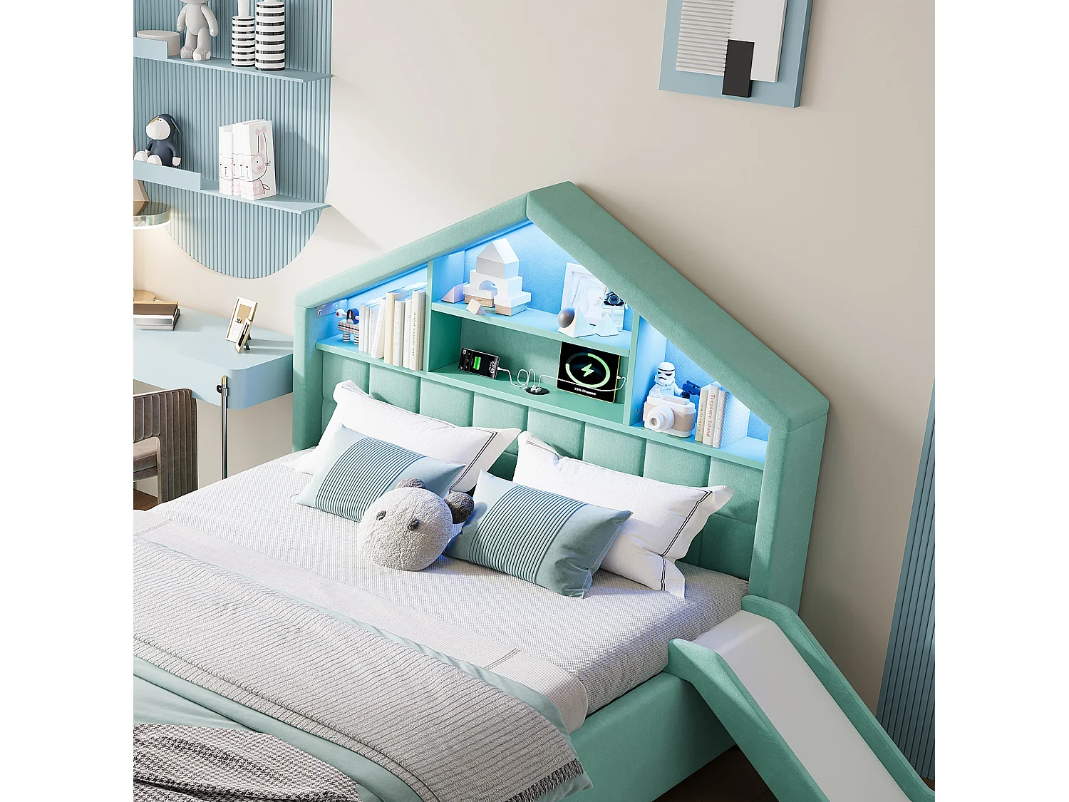 Lit rembourré pour enfants 140x200cm - avec LED et port de chargement - avec toboggan - peut être installé à gauche ou à droite - velours - bleu-vert (sans matelas)