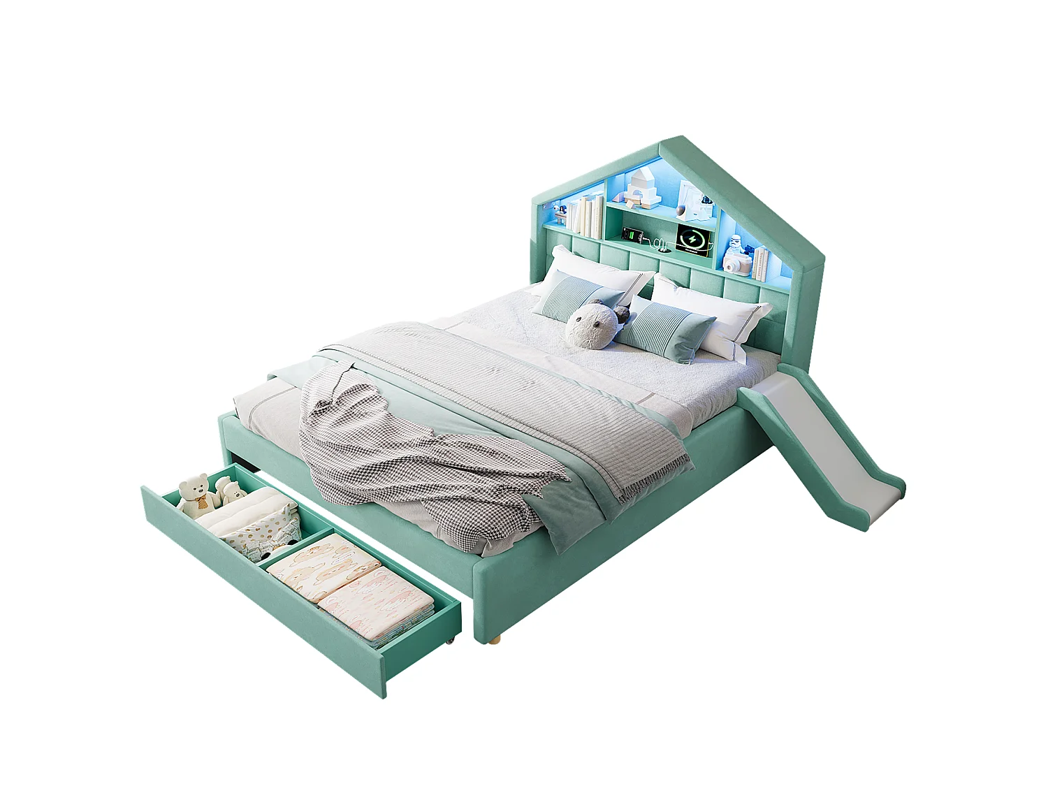 Lit rembourré pour enfants 140x200cm - avec LED et port de chargement - avec toboggan - peut être installé à gauche ou à droite - velours - bleu-vert (sans matelas)