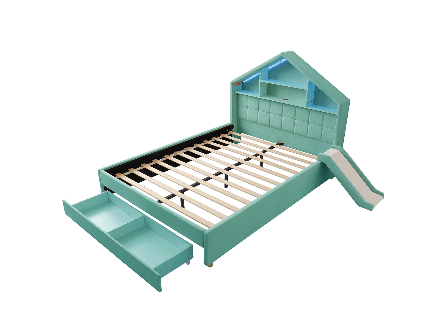 Lit rembourré pour enfants 140x200cm - avec LED et port de chargement - avec toboggan - peut être installé à gauche ou à droite - velours - bleu-vert (sans matelas)