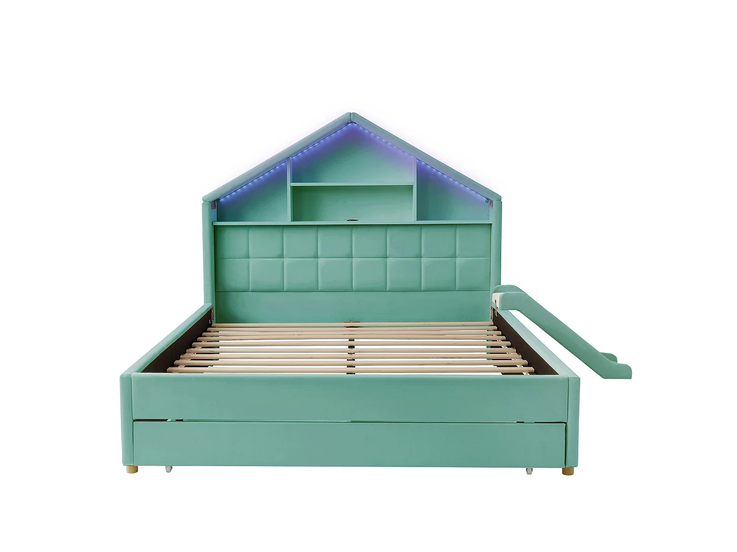 Lit rembourré pour enfants 140x200cm - avec LED et port de chargement - avec toboggan - peut être installé à gauche ou à droite - velours - bleu-vert (sans matelas)