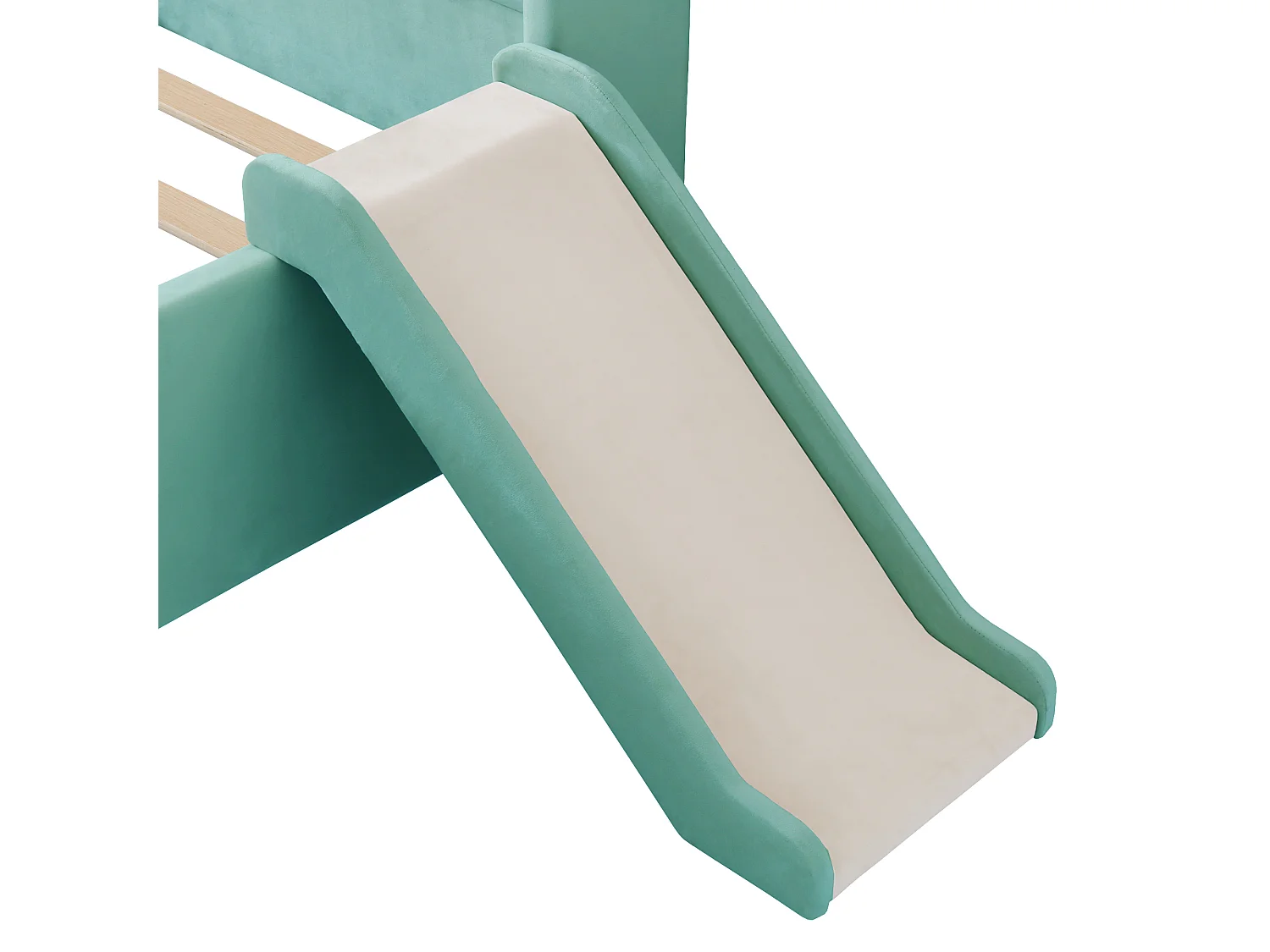 Lit rembourré pour enfants 140x200cm - avec LED et port de chargement - avec toboggan - peut être installé à gauche ou à droite - velours - bleu-vert (sans matelas)