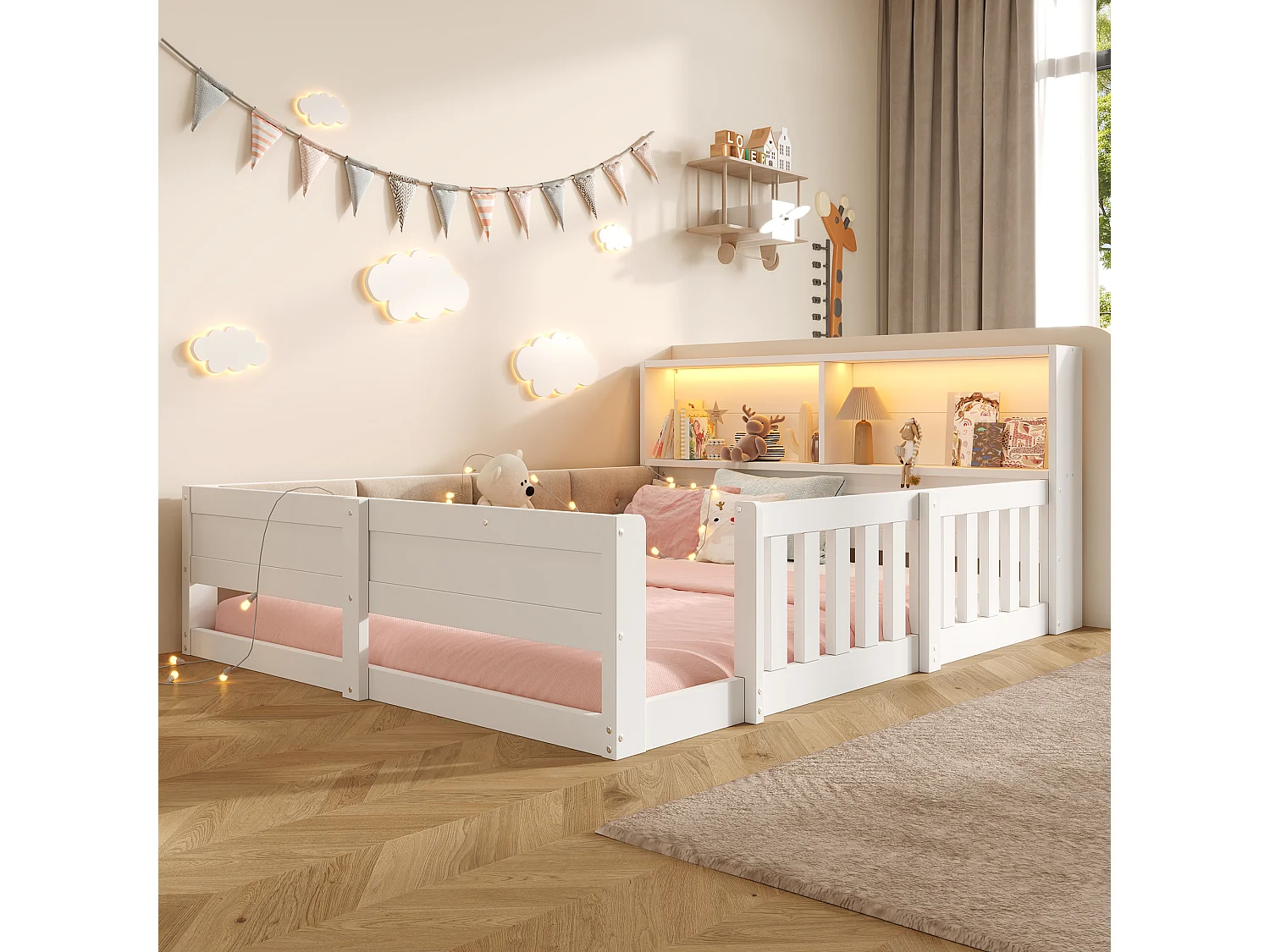 Kinderbett 140 x 200 cm - mit Sicherheitsbarrieren - gepolsterte Seitenpaneele - mit LED-Lichtband - weiß (Matratze nicht enthalten)