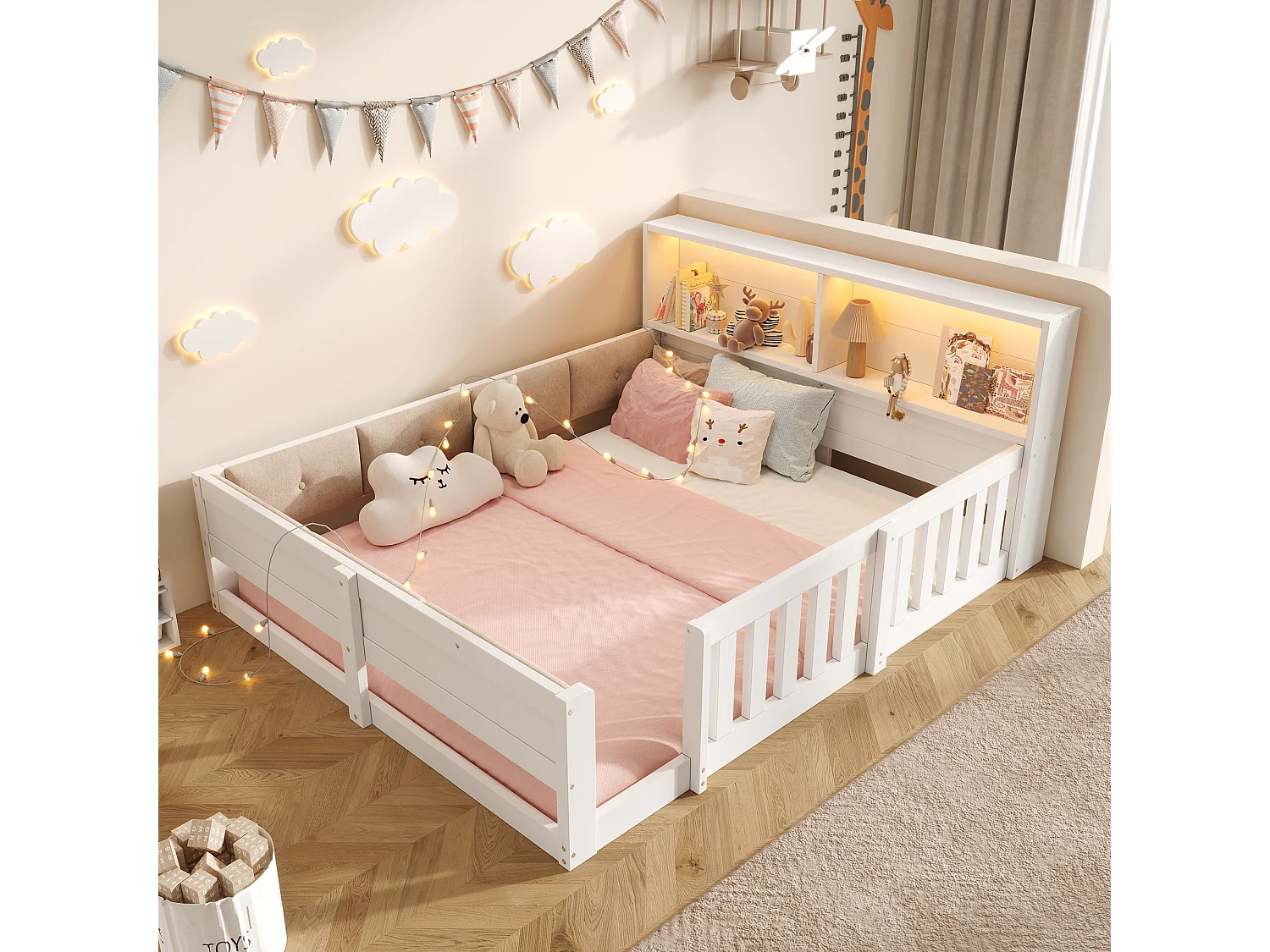 Kinderbett 140 x 200 cm - mit Sicherheitsbarrieren - gepolsterte Seitenpaneele - mit LED-Lichtband - weiß (Matratze nicht enthalten)