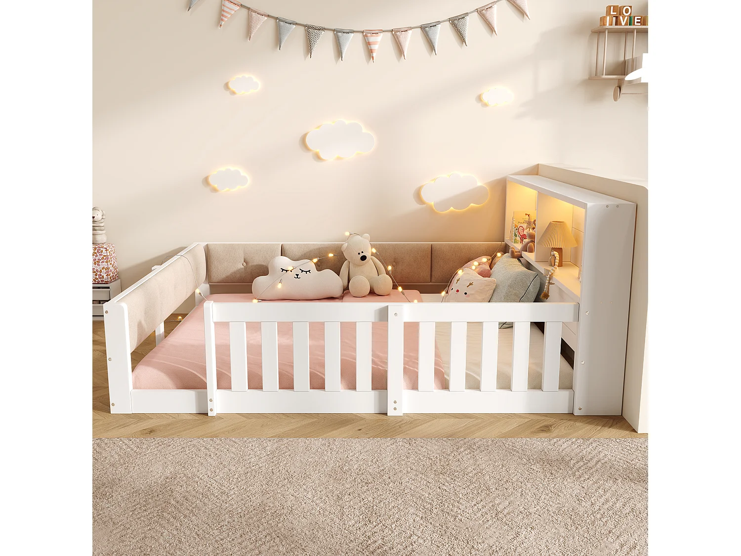 Kinderbett 140 x 200 cm - mit Sicherheitsbarrieren - gepolsterte Seitenpaneele - mit LED-Lichtband - weiß (Matratze nicht enthalten)