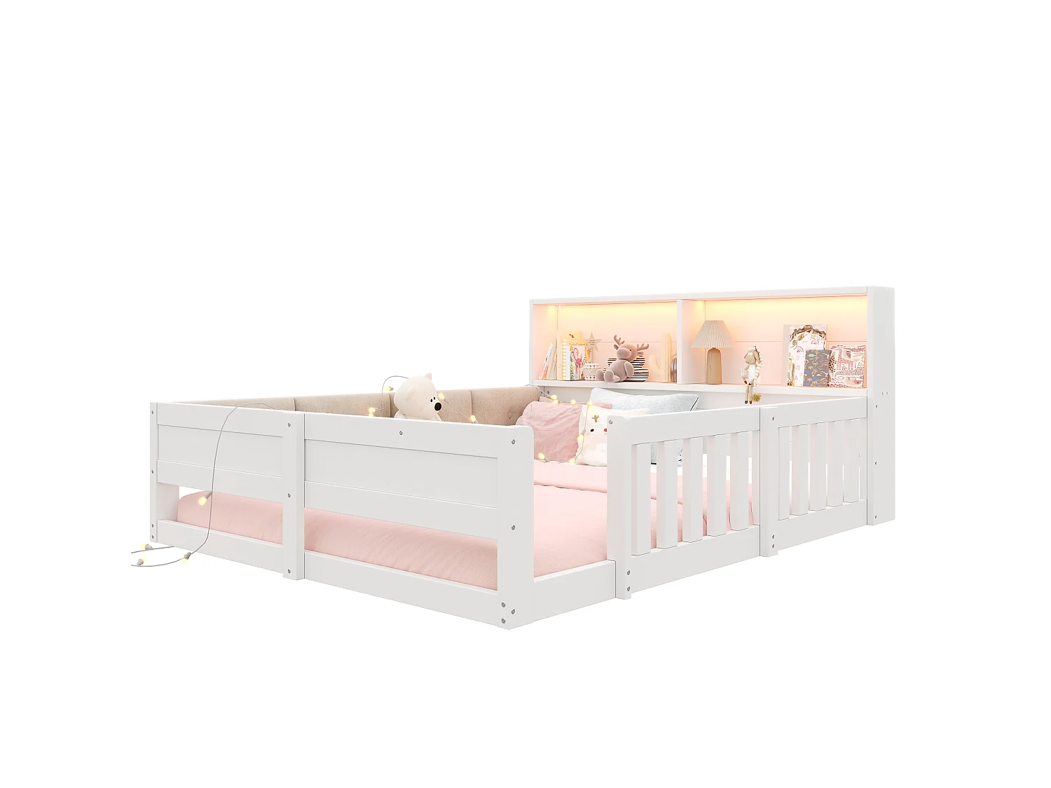 Kinderbett 140 x 200 cm - mit Sicherheitsbarrieren - gepolsterte Seitenpaneele - mit LED-Lichtband - weiß (Matratze nicht enthalten)