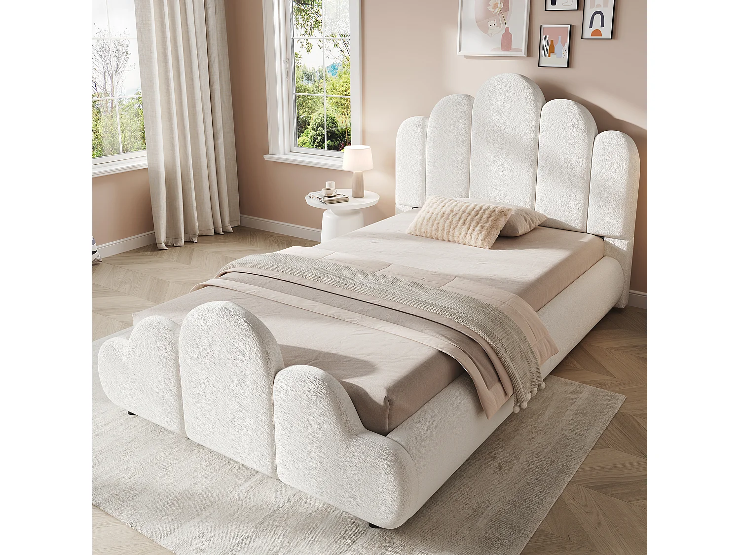 Kinderbett gepolstert 90 x 200 cm - Gepolstertes Kopfteil - Abgerundete Ecken - Bouclé-Stoff - Beige (Matratze nicht enthalten)
