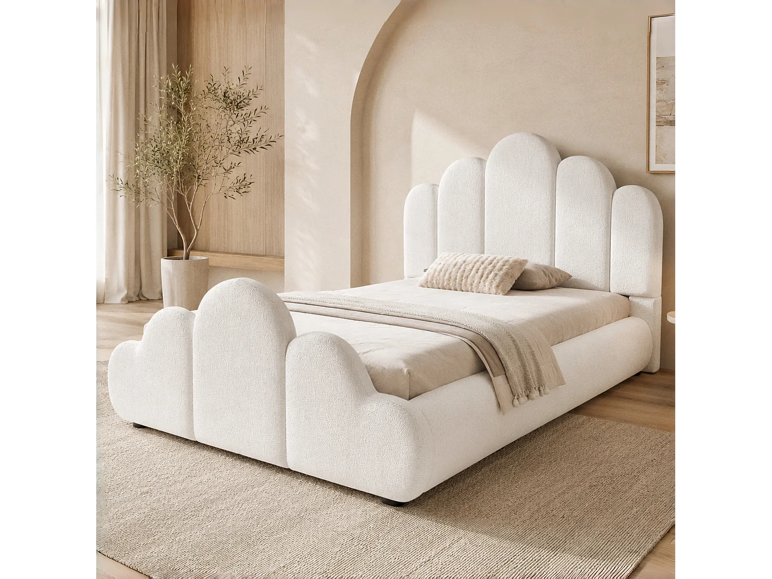 Kinderbett gepolstert 90 x 200 cm - Gepolstertes Kopfteil - Abgerundete Ecken - Bouclé-Stoff - Beige (Matratze nicht enthalten)