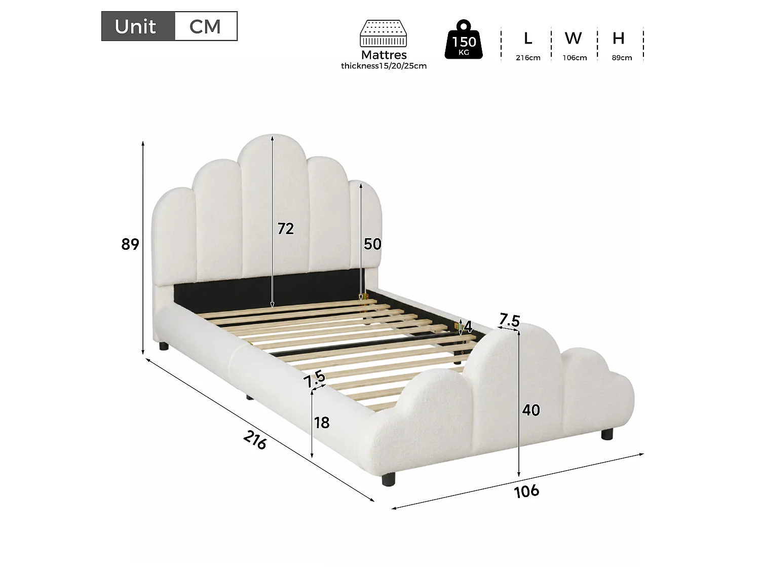Kinderbett gepolstert 90 x 200 cm - Gepolstertes Kopfteil - Abgerundete Ecken - Bouclé-Stoff - Beige (Matratze nicht enthalten)