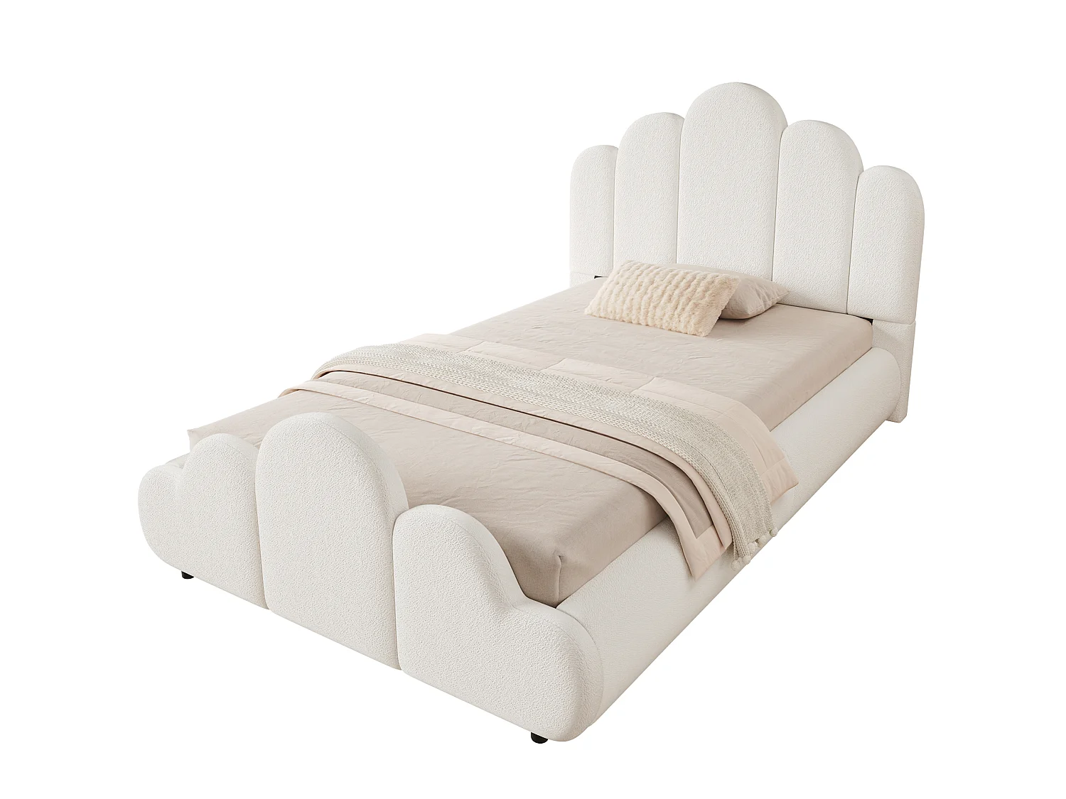 Kinderbett gepolstert 90 x 200 cm - Gepolstertes Kopfteil - Abgerundete Ecken - Bouclé-Stoff - Beige (Matratze nicht enthalten)