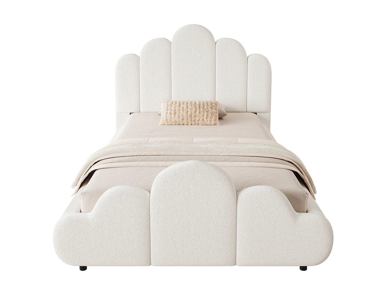 Kinderbett gepolstert 90 x 200 cm - Gepolstertes Kopfteil - Abgerundete Ecken - Bouclé-Stoff - Beige (Matratze nicht enthalten)