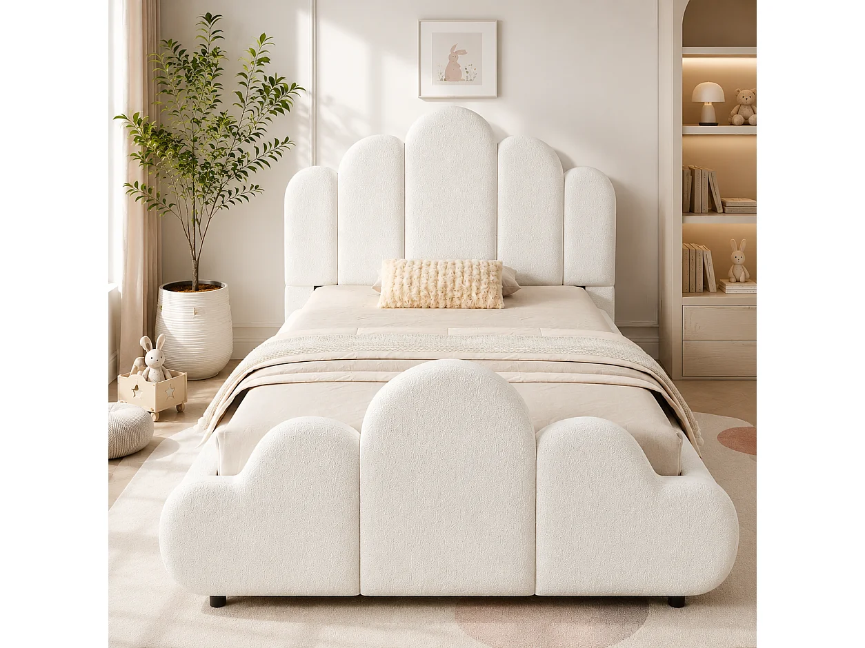 Kinderbett gepolstert 90 x 200 cm - Gepolstertes Kopfteil - Abgerundete Ecken - Bouclé-Stoff - Beige (Matratze nicht enthalten)
