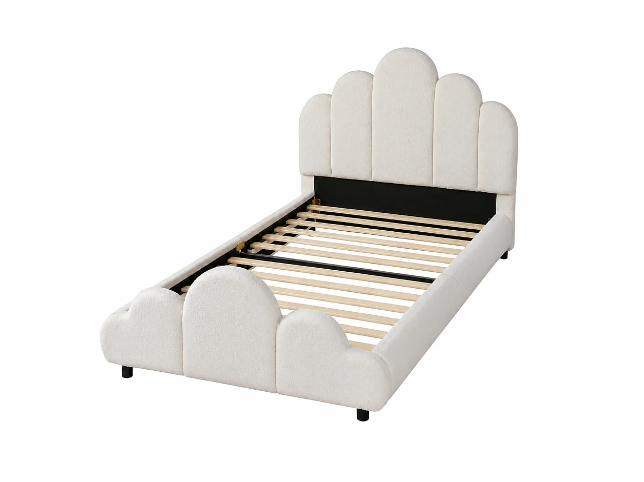 Kinderbett gepolstert 90 x 200 cm - Gepolstertes Kopfteil - Abgerundete Ecken - Bouclé-Stoff - Beige (Matratze nicht enthalten)