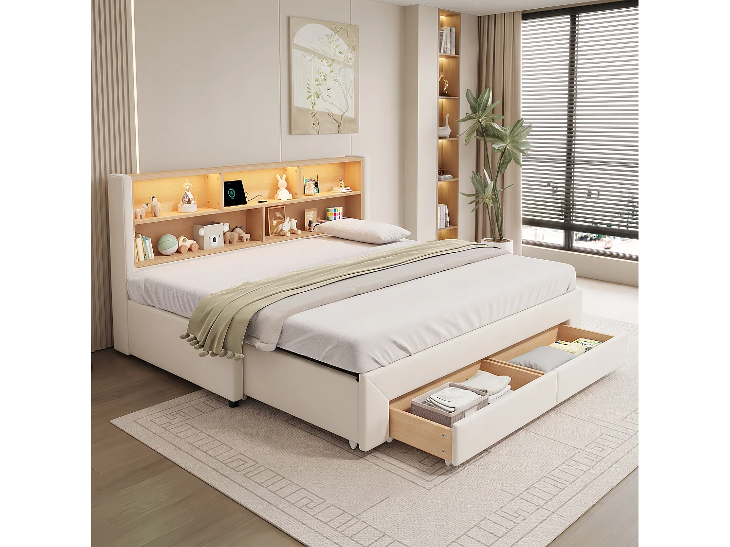 Trundle bed 90 x 200 cm convertible to 180 x 200 cm with 2 storage drawers, USB, LED - Velvet - Beige (Mattress not included)