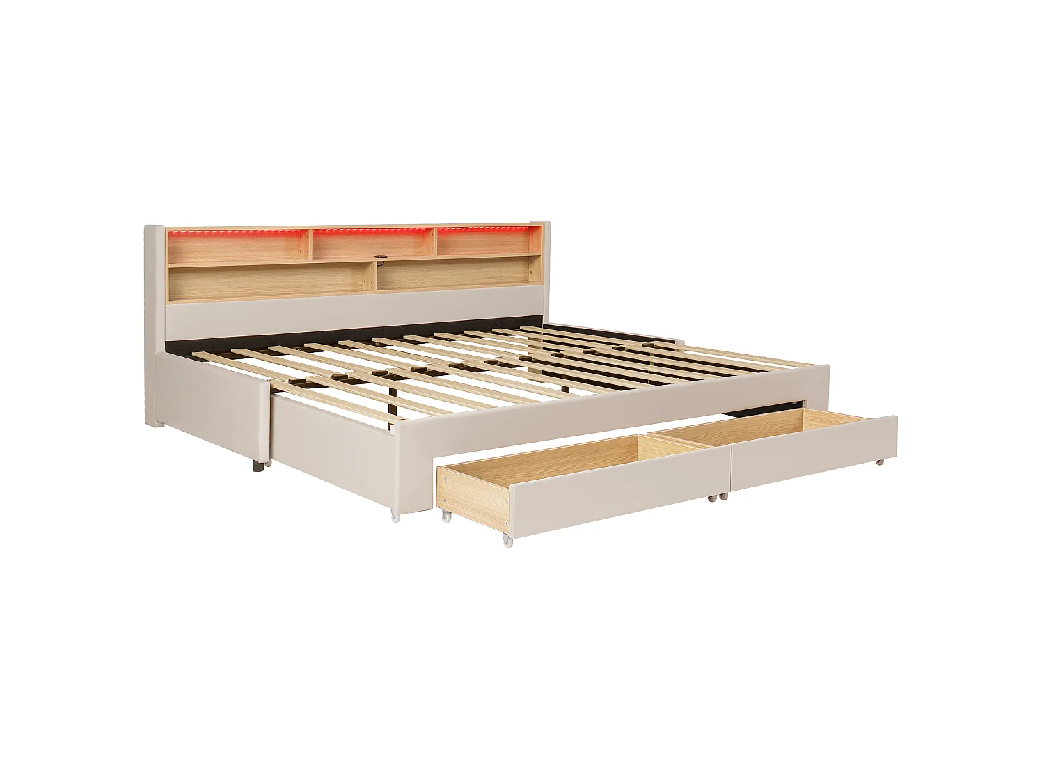 Trundle bed 90 x 200 cm convertible to 180 x 200 cm with 2 storage drawers, USB, LED - Velvet - Beige (Mattress not included)