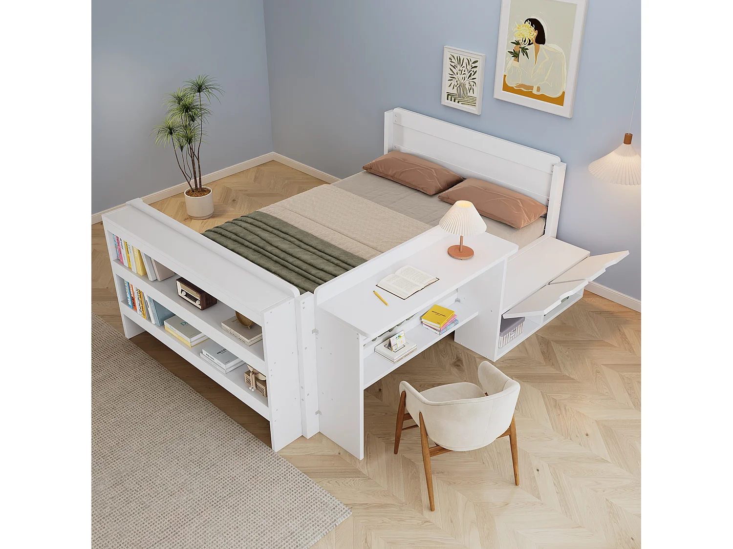 Lit en bois 120x200 cm - avec bureau et compartiment de rangement - peut être installé à gauche ou à droite - blanc (sans matelas)