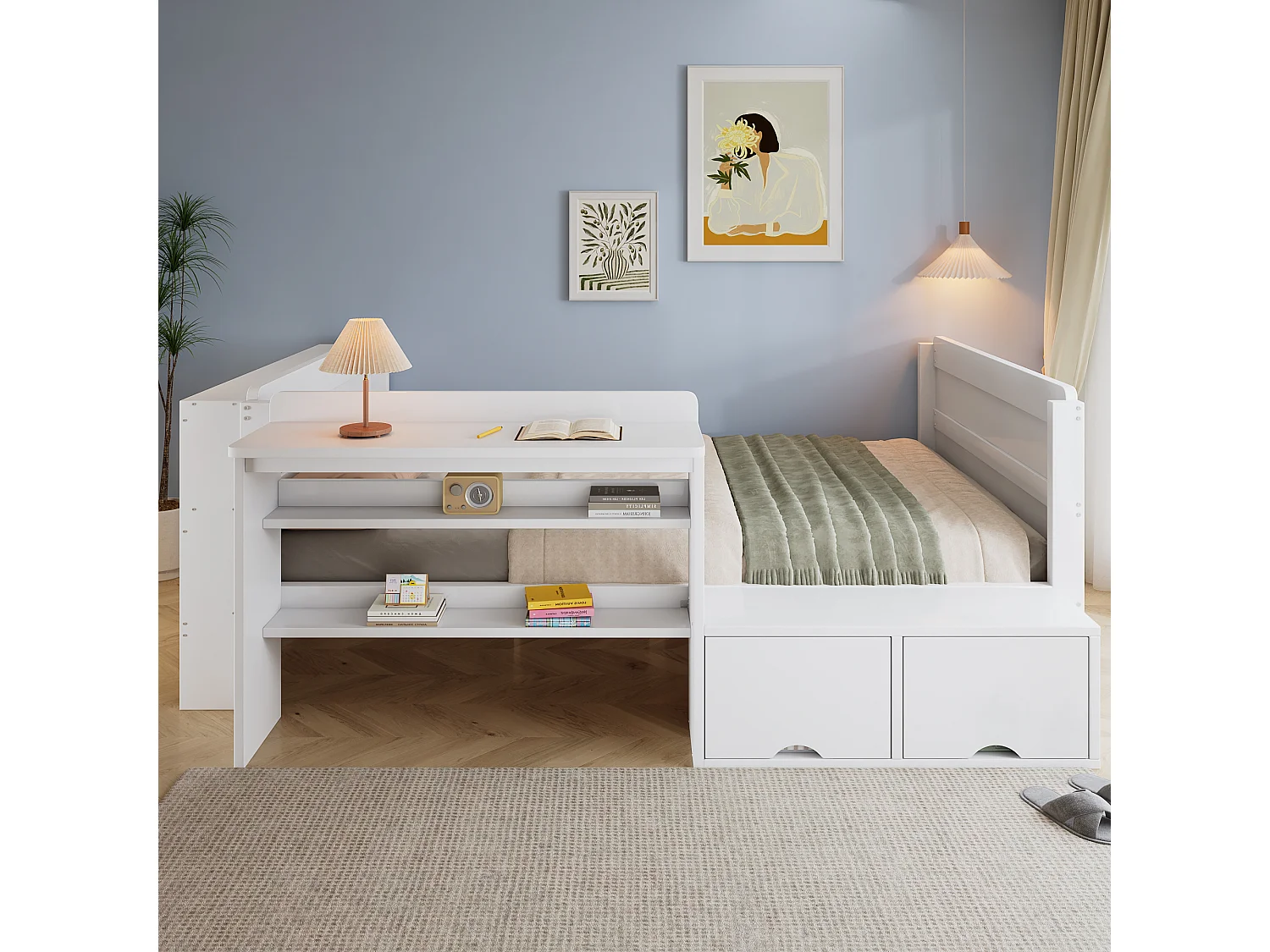 Lit en bois 120x200 cm - avec bureau et compartiment de rangement - peut être installé à gauche ou à droite - blanc (sans matelas)