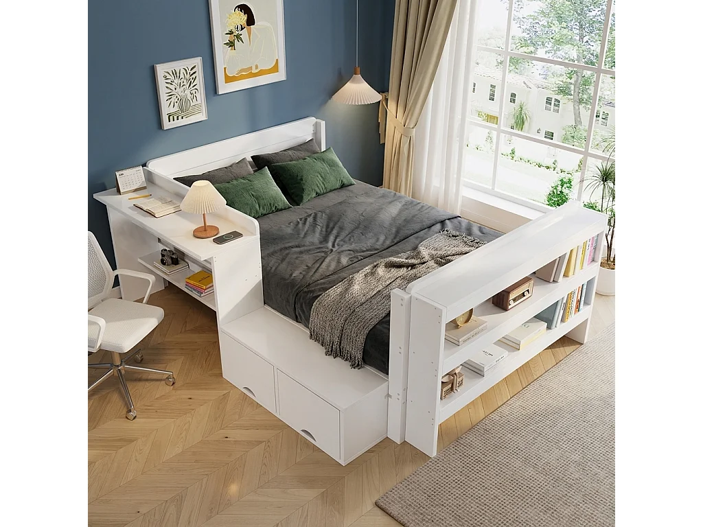 Lit en bois 120x200 cm - avec bureau et compartiment de rangement - peut être installé à gauche ou à droite - blanc (sans matelas)