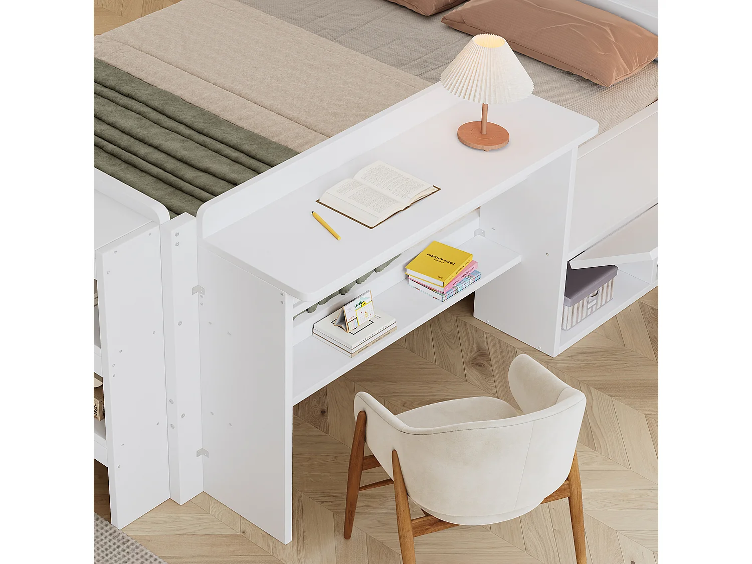 Lit en bois 120x200 cm - avec bureau et compartiment de rangement - peut être installé à gauche ou à droite - blanc (sans matelas)