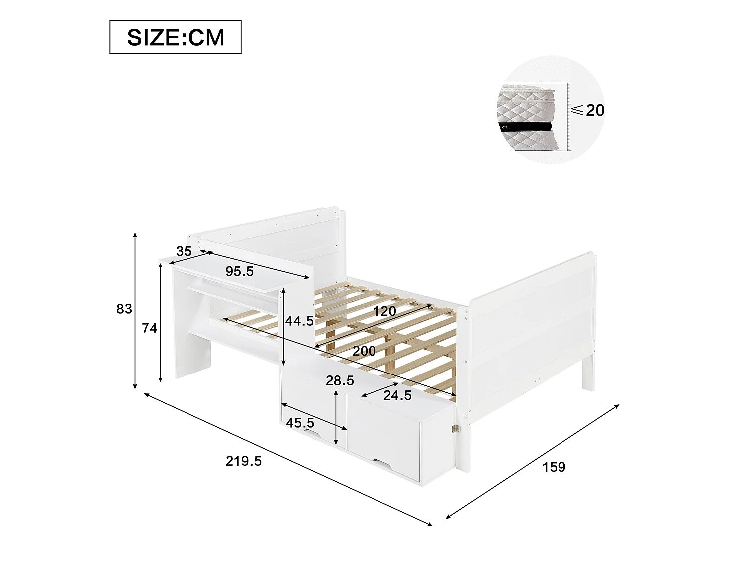 Lit en bois 120x200 cm - avec bureau et compartiment de rangement - peut être installé à gauche ou à droite - blanc (sans matelas)