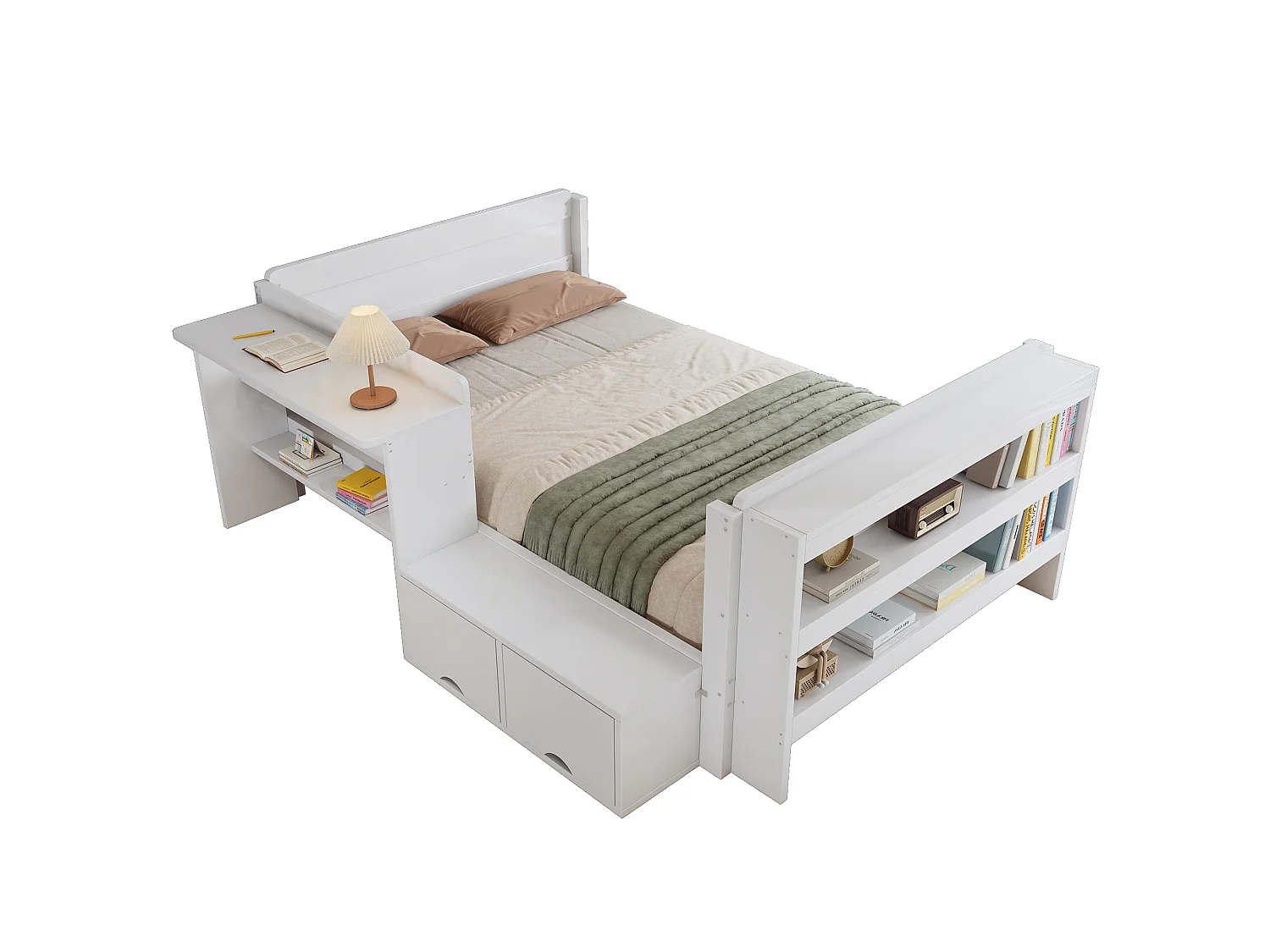 Lit en bois 120x200 cm - avec bureau et compartiment de rangement - peut être installé à gauche ou à droite - blanc (sans matelas)