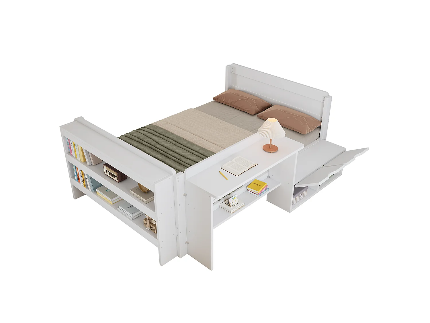 Lit en bois 120x200 cm - avec bureau et compartiment de rangement - peut être installé à gauche ou à droite - blanc (sans matelas)