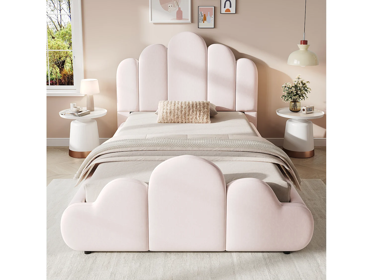 Gepolstertes Kinderbett 90 x 200 cm mit gepolstertem Wolkenkopfteil und abgerundeten Ecken - Samt - Rosa (Matratze nicht im Lieferumfang enthalten)
