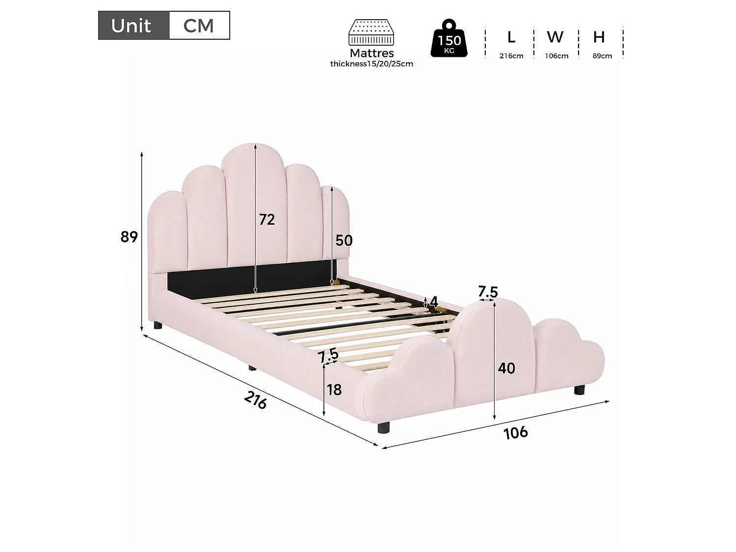 Gepolstertes Kinderbett 90 x 200 cm mit gepolstertem Wolkenkopfteil und abgerundeten Ecken - Samt - Rosa (Matratze nicht im Lieferumfang enthalten)
