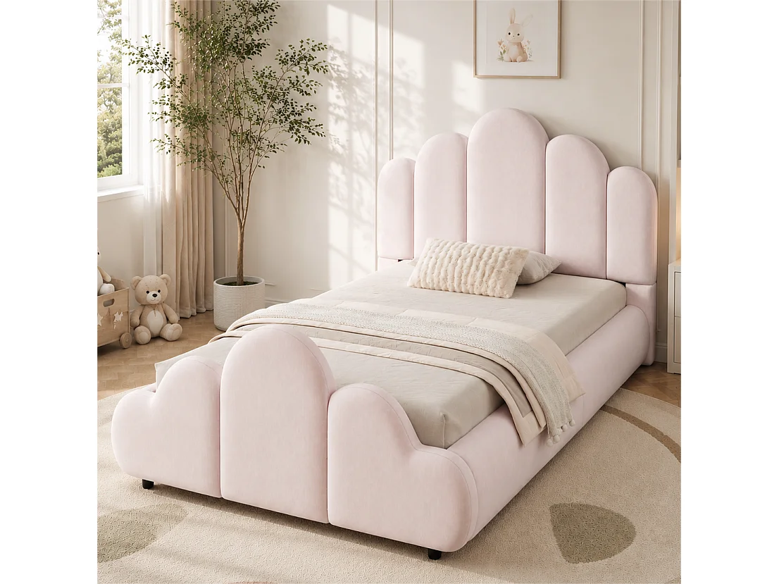 Gepolstertes Kinderbett 90 x 200 cm mit gepolstertem Wolkenkopfteil und abgerundeten Ecken - Samt - Rosa (Matratze nicht im Lieferumfang enthalten)
