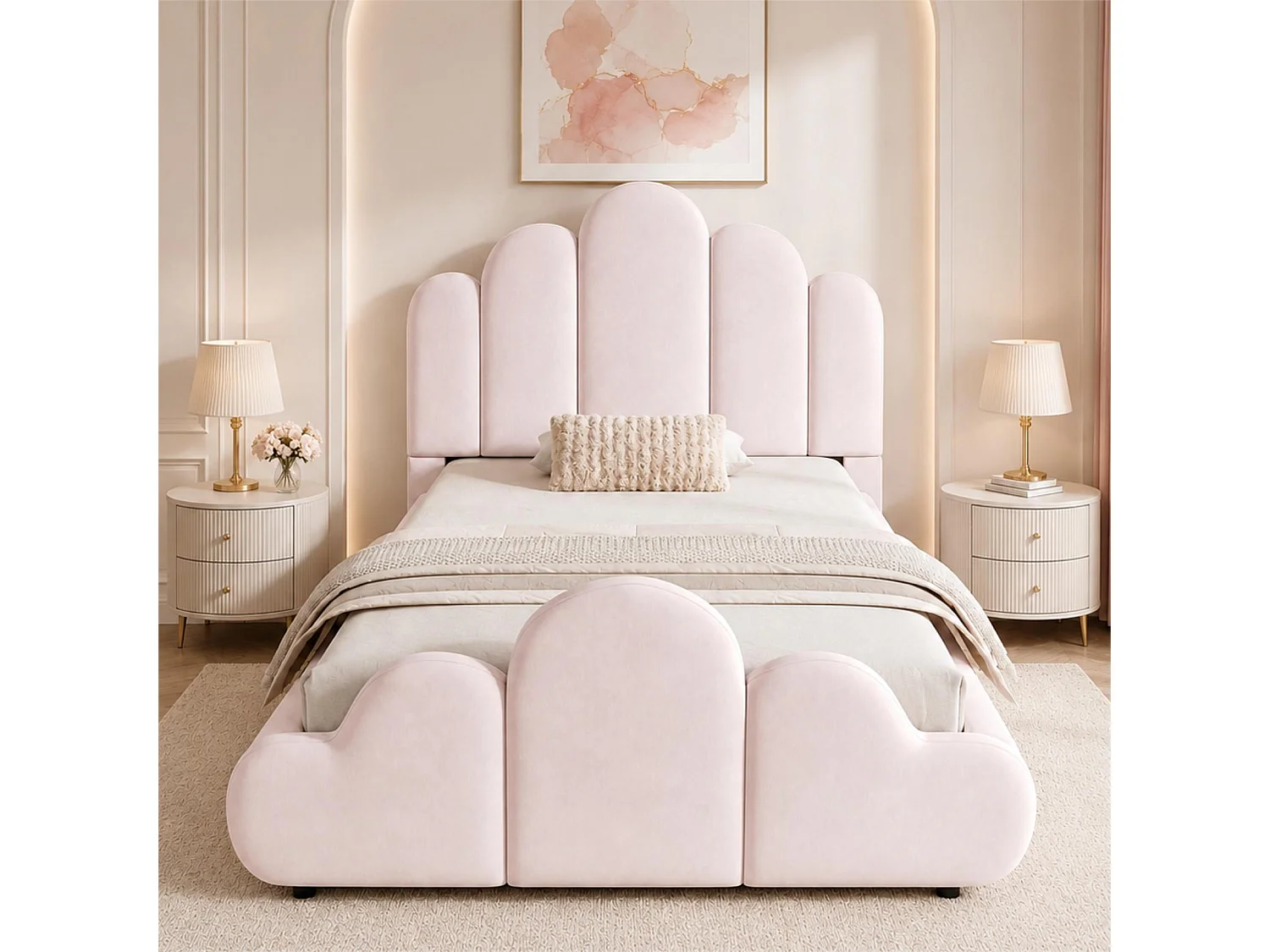 Gepolstertes Kinderbett 90 x 200 cm mit gepolstertem Wolkenkopfteil und abgerundeten Ecken - Samt - Rosa (Matratze nicht im Lieferumfang enthalten)