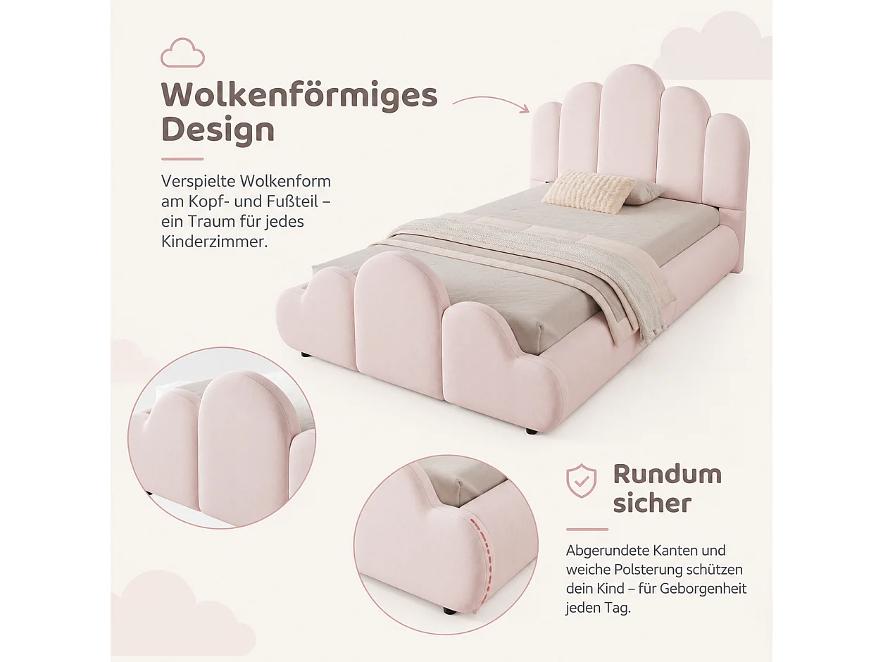 Gepolstertes Kinderbett 90 x 200 cm mit gepolstertem Wolkenkopfteil und abgerundeten Ecken - Samt - Rosa (Matratze nicht im Lieferumfang enthalten)