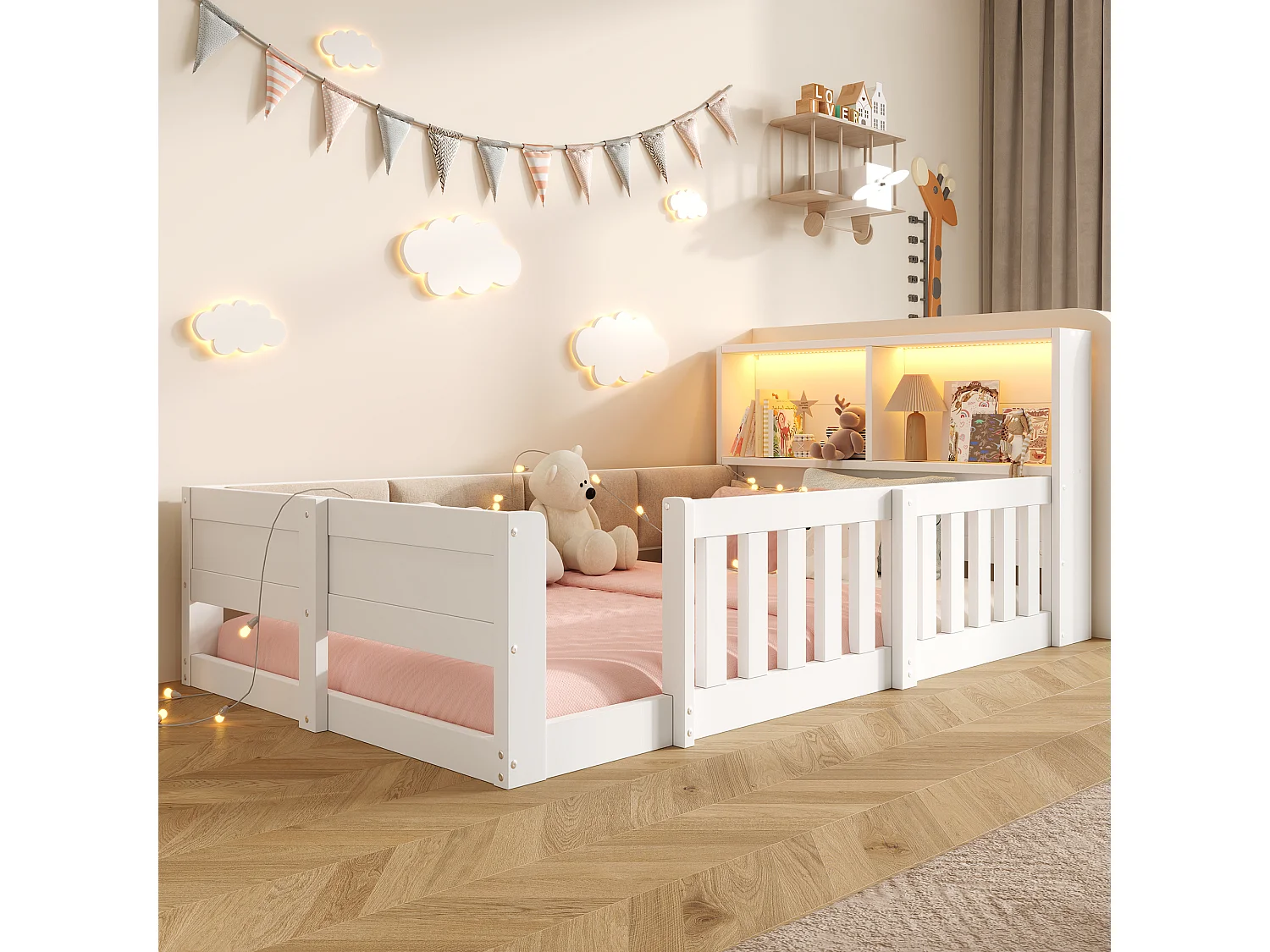 Lit enfant 90 x 200 cm - avec barrières de sécurité - panneaux latéraux rembourrés - avec bande lumineuse LED - blanc (matelas non inclus)