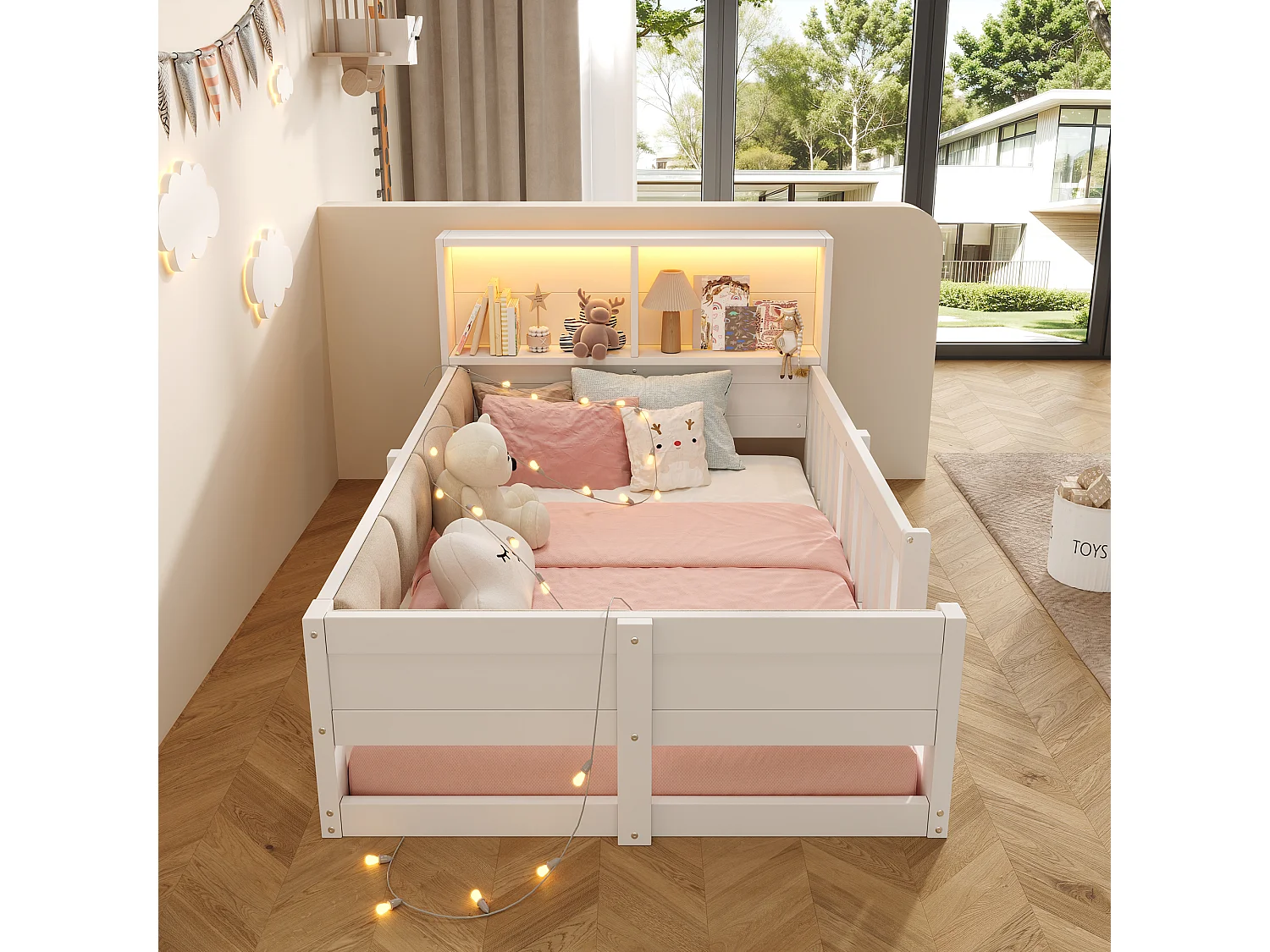 Lit enfant 90 x 200 cm - avec barrières de sécurité - panneaux latéraux rembourrés - avec bande lumineuse LED - blanc (matelas non inclus)