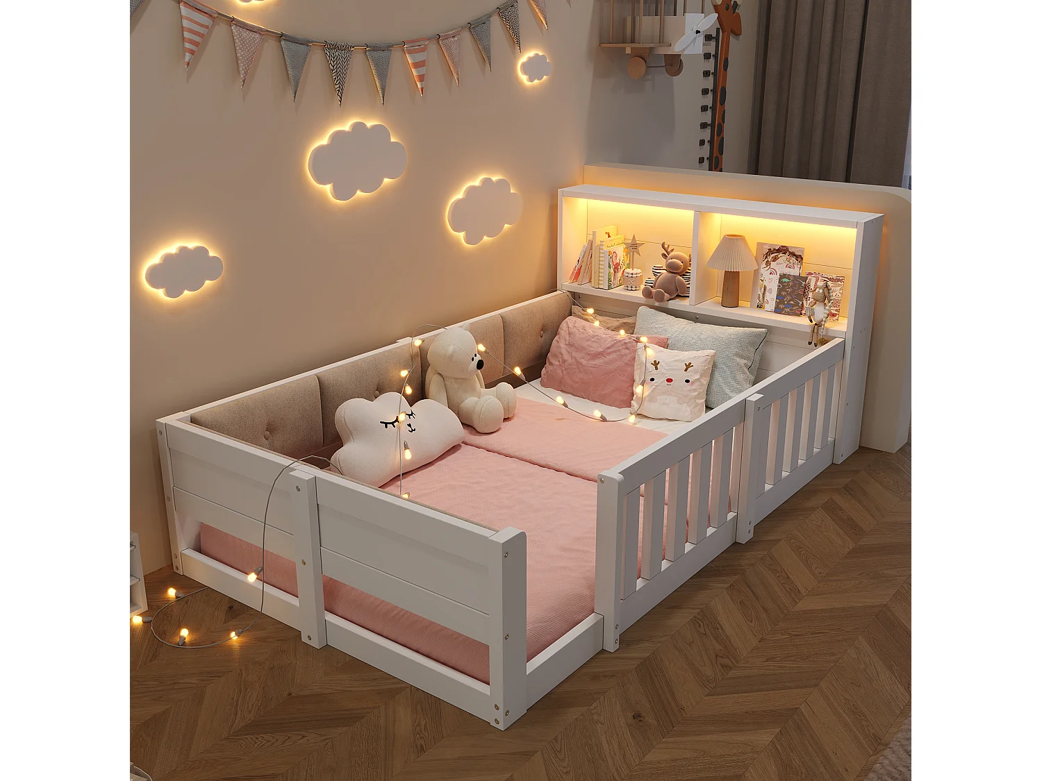 Lit enfant 90 x 200 cm - avec barrières de sécurité - panneaux latéraux rembourrés - avec bande lumineuse LED - blanc (matelas non inclus)