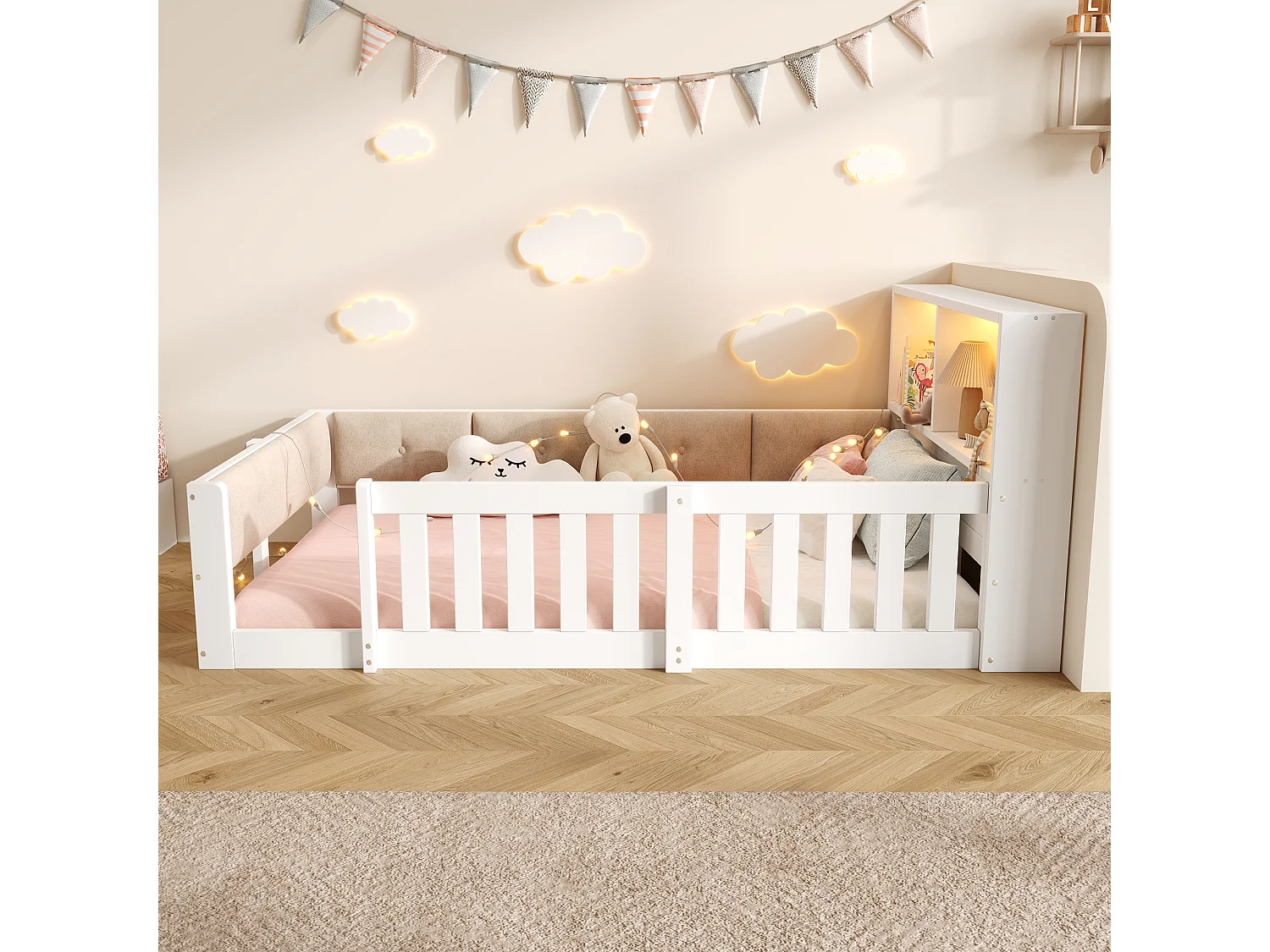 Lit enfant 90 x 200 cm - avec barrières de sécurité - panneaux latéraux rembourrés - avec bande lumineuse LED - blanc (matelas non inclus)