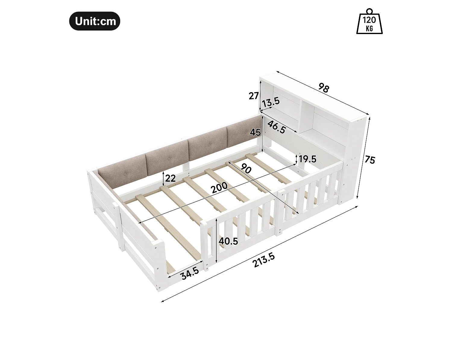 Lit enfant 90 x 200 cm - avec barrières de sécurité - panneaux latéraux rembourrés - avec bande lumineuse LED - blanc (matelas non inclus)