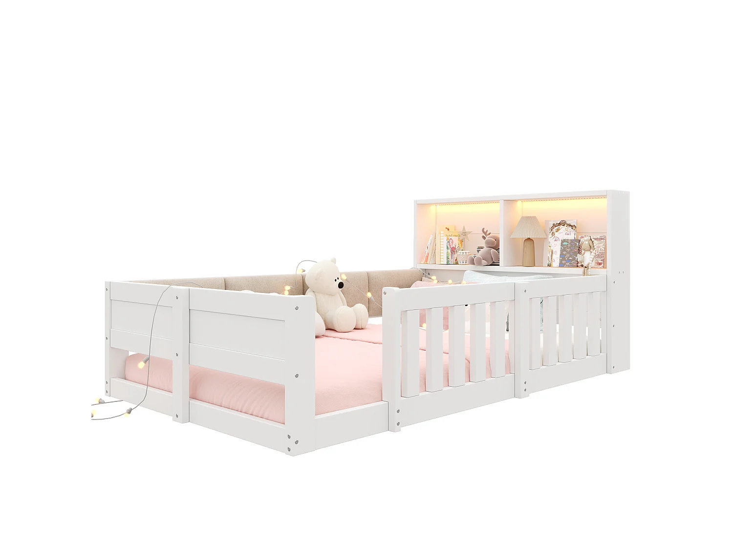 Lit enfant 90 x 200 cm - avec barrières de sécurité - panneaux latéraux rembourrés - avec bande lumineuse LED - blanc (matelas non inclus)