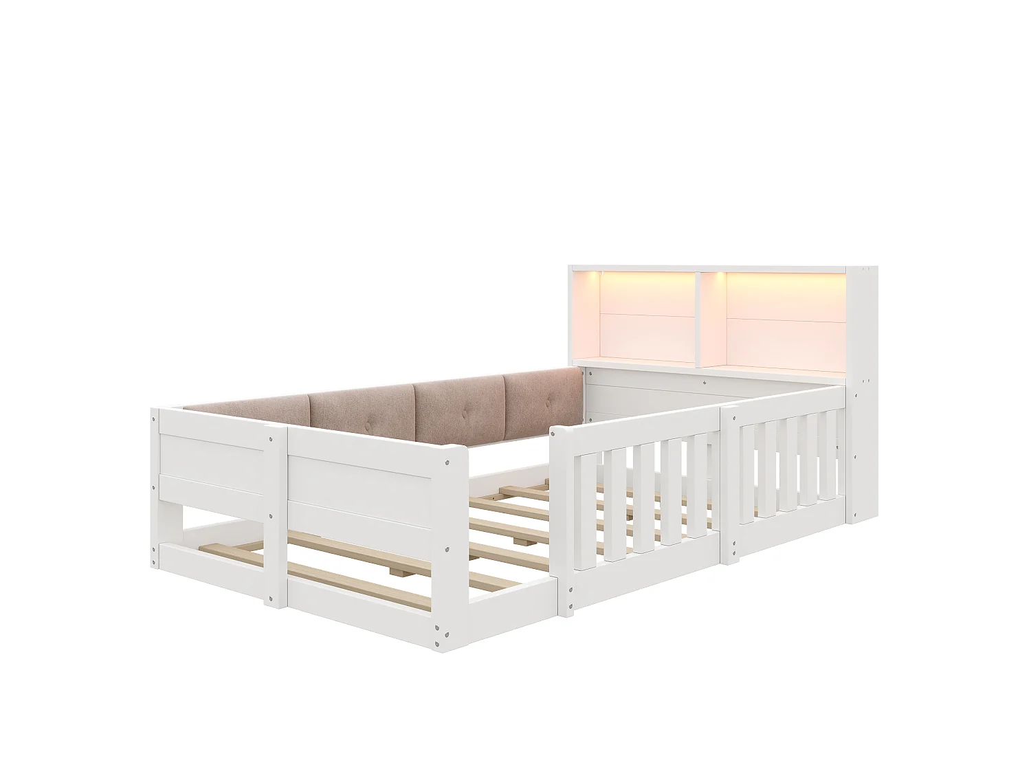 Lit enfant 90 x 200 cm - avec barrières de sécurité - panneaux latéraux rembourrés - avec bande lumineuse LED - blanc (matelas non inclus)