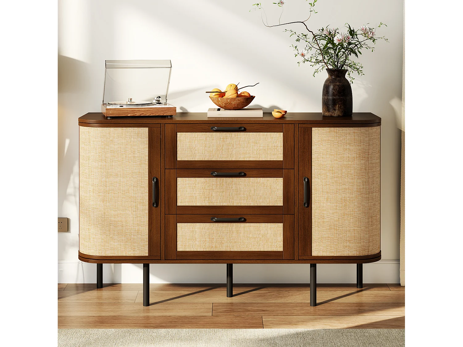 Buffet 120x40x82 cm - 2 portes et 3 tiroirs - Panneaux tressés - Étagères réglables et pieds en métal - Marron