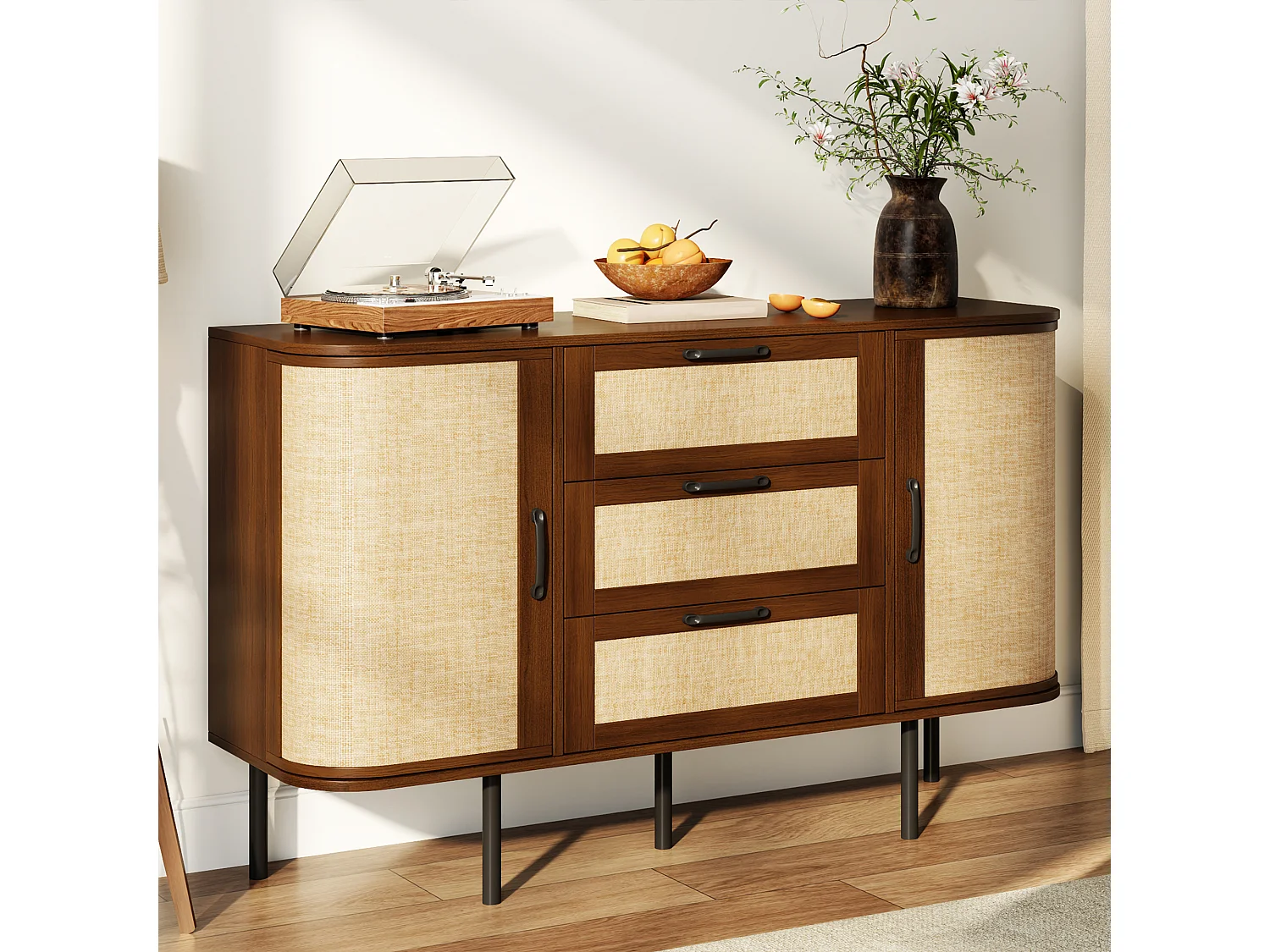 Buffet 120x40x82 cm - 2 portes et 3 tiroirs - Panneaux tressés - Étagères réglables et pieds en métal - Marron