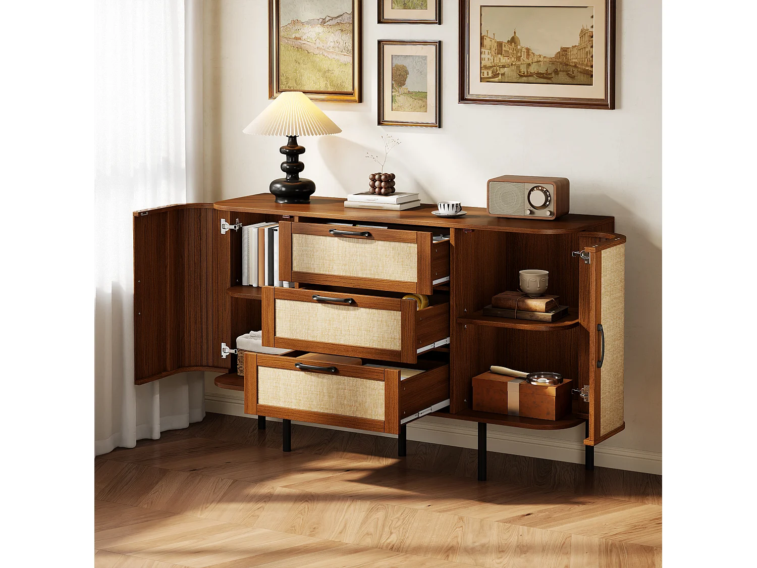 Buffet 120x40x82 cm - 2 portes et 3 tiroirs - Panneaux tressés - Étagères réglables et pieds en métal - Marron