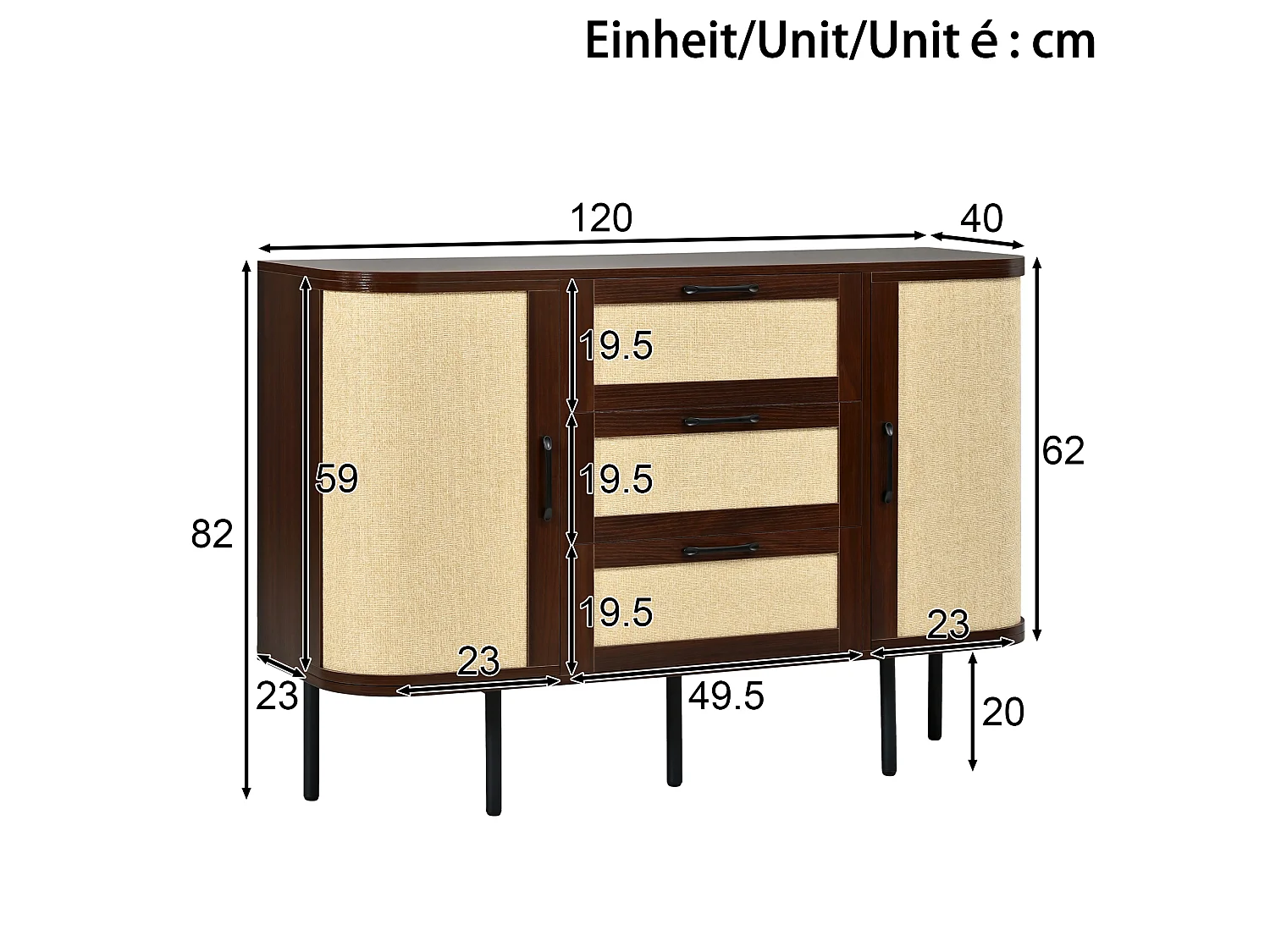 Buffet 120x40x82 cm - 2 portes et 3 tiroirs - Panneaux tressés - Étagères réglables et pieds en métal - Marron
