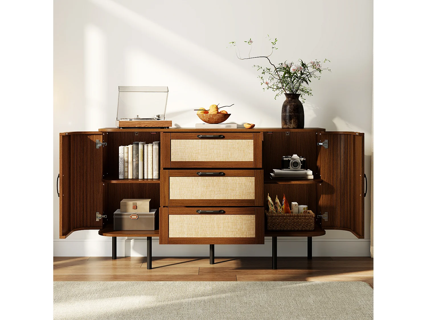 Buffet 120x40x82 cm - 2 portes et 3 tiroirs - Panneaux tressés - Étagères réglables et pieds en métal - Marron