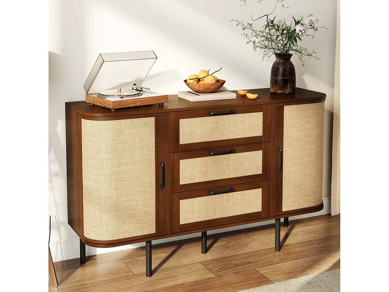 Buffet 120x40x82 cm - 2 portes et 3 tiroirs - Panneaux tressés - Étagères réglables et pieds en métal - Marron