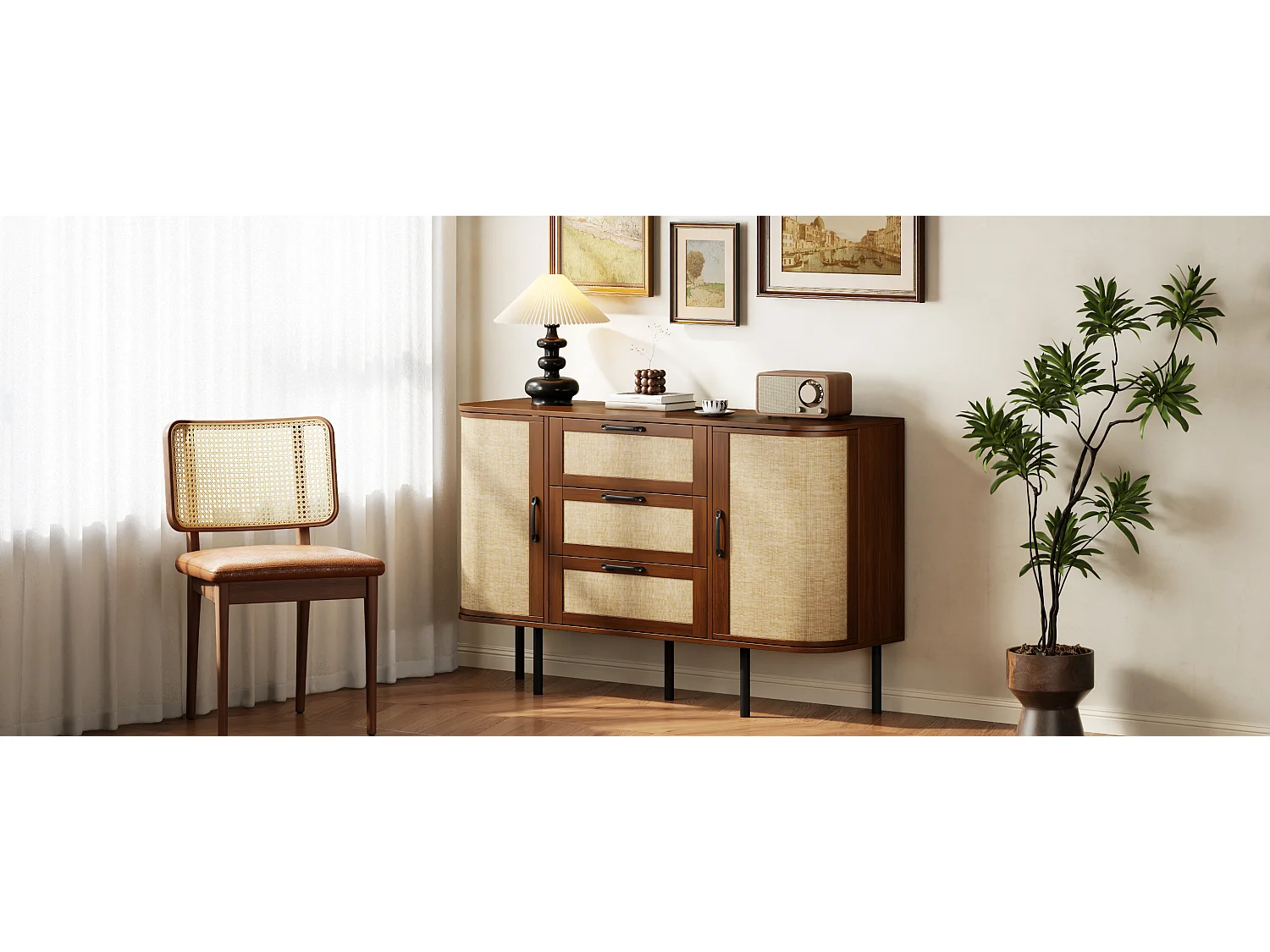 Buffet 120x40x82 cm - 2 portes et 3 tiroirs - Panneaux tressés - Étagères réglables et pieds en métal - Marron