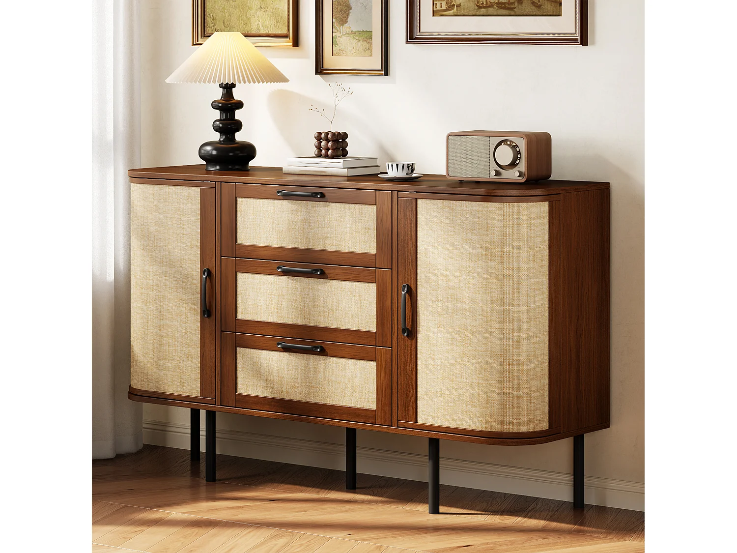 Buffet 120x40x82 cm - 2 portes et 3 tiroirs - Panneaux tressés - Étagères réglables et pieds en métal - Marron