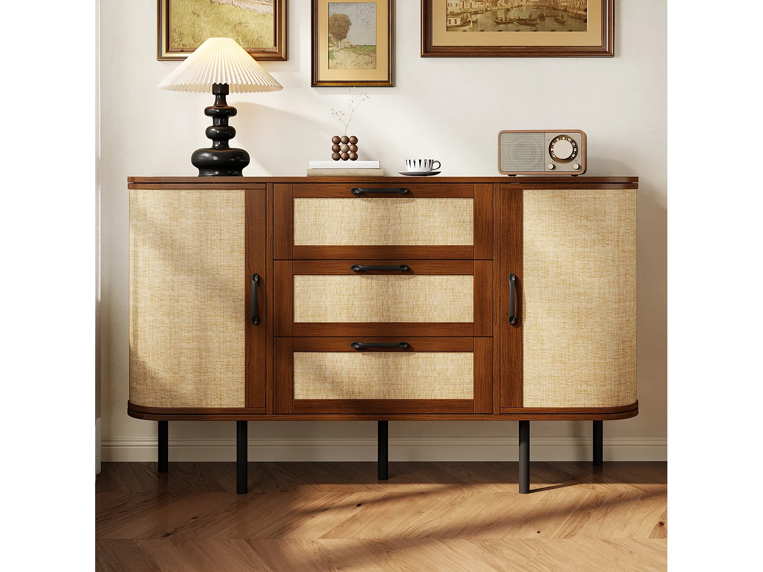 Buffet 120x40x82 cm - 2 portes et 3 tiroirs - Panneaux tressés - Étagères réglables et pieds en métal - Marron