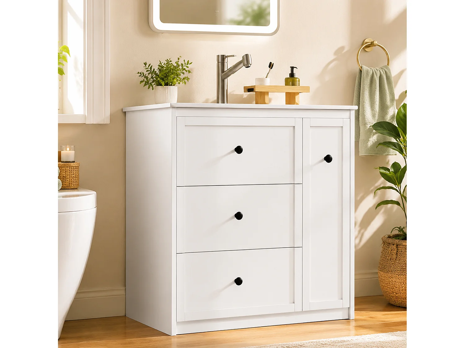 Mobile bagno con lavabo in ceramica e 4 cassetti - MDF e ceramica - 76,2 x 46,2 x 82 cm - Bianco
